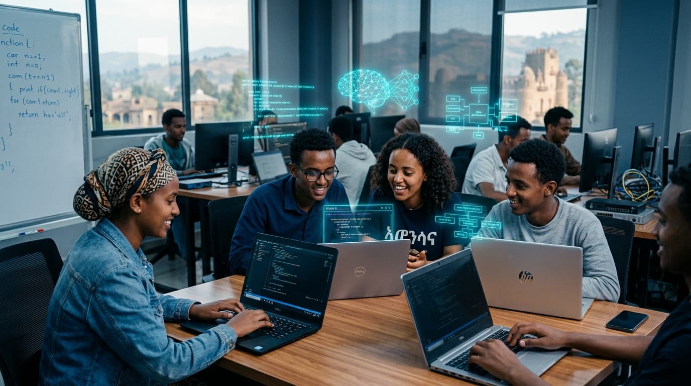 Ethiopian students learning full-stack development and AI on laptops in modern Gondar computer lab with cyan holographic overlays