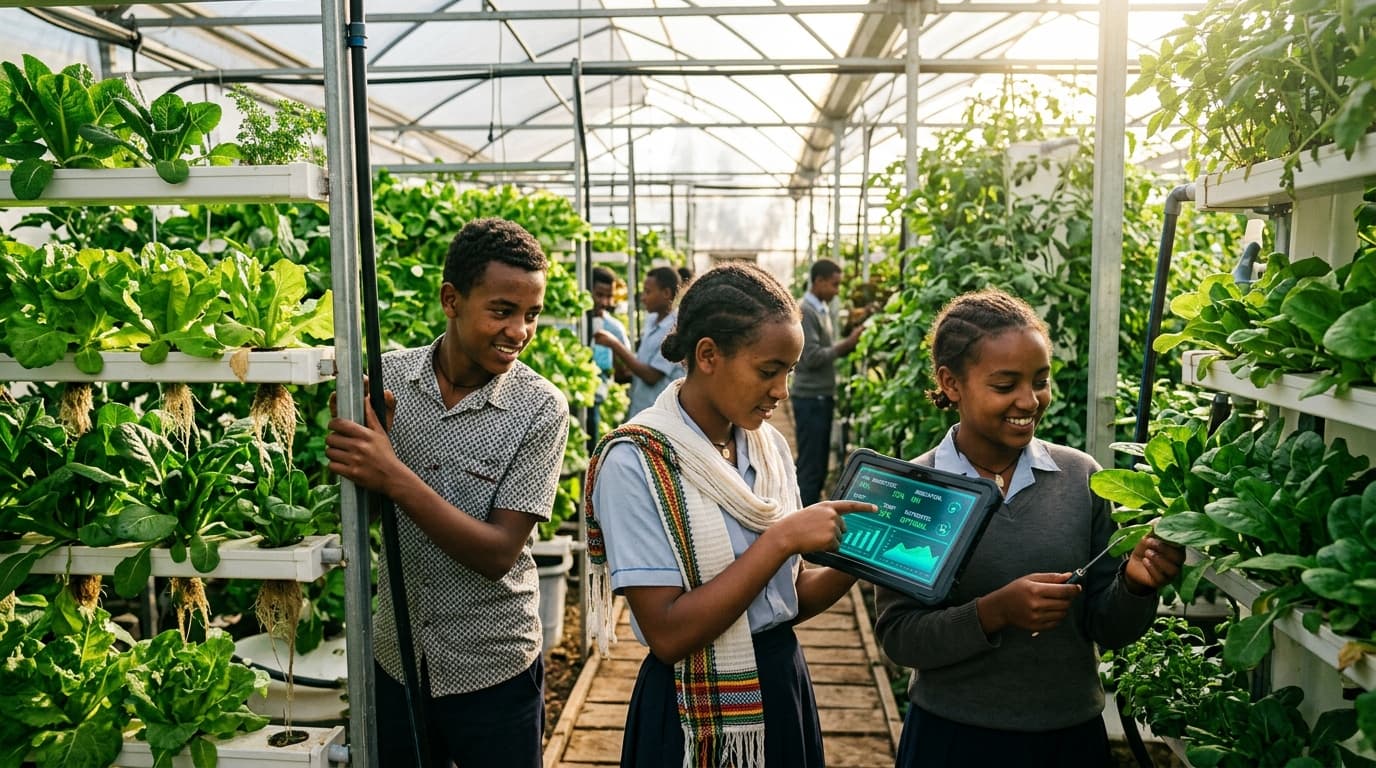 Agricultural students in greenhouse monitoring smart vertical hydroponic crops using digital sensor tablet in Gondar