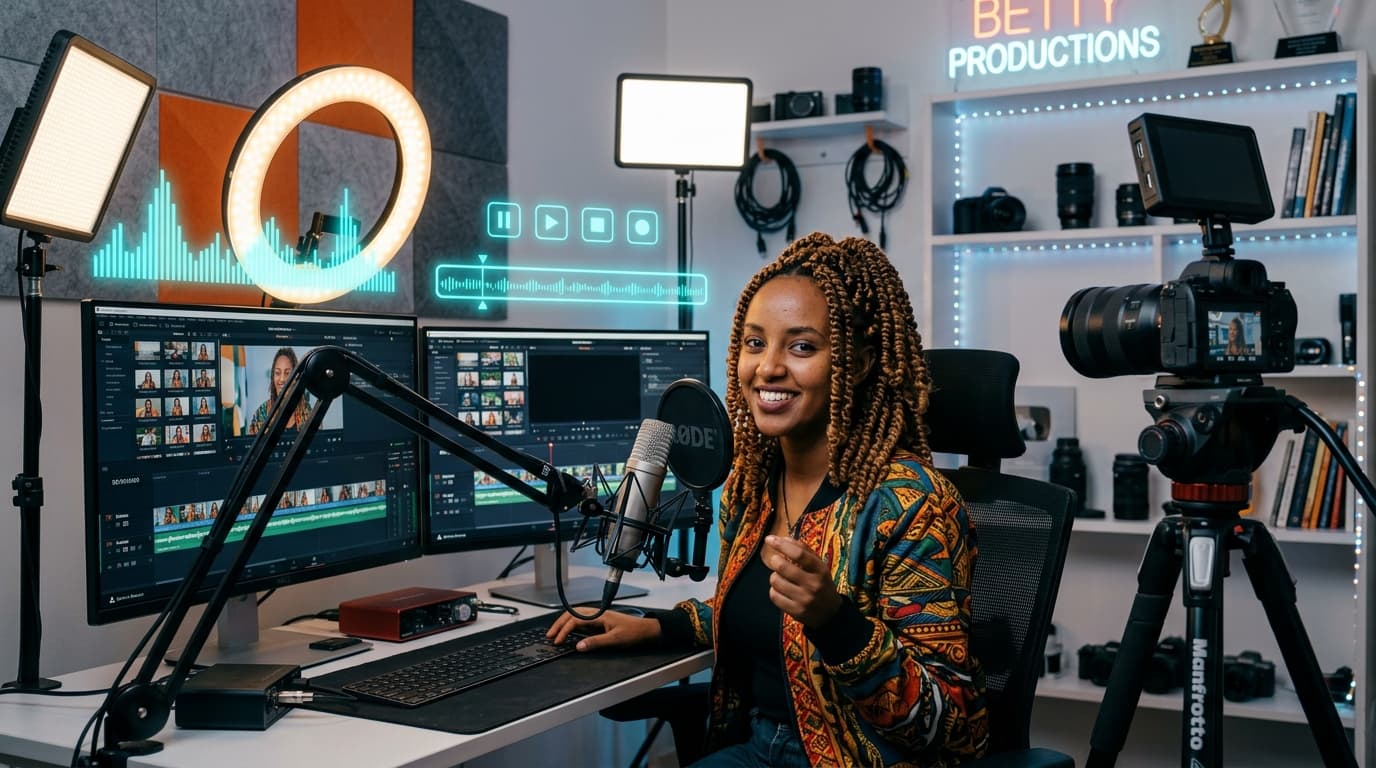 Digital content producer in studio with studio microphone, 4K camera, and dual monitors editing video waveforms with cyan audio meters