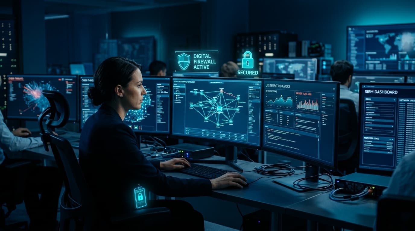 Cybersecurity student monitoring security operations center with network threat maps and encrypted digital locks with cyan security shield
