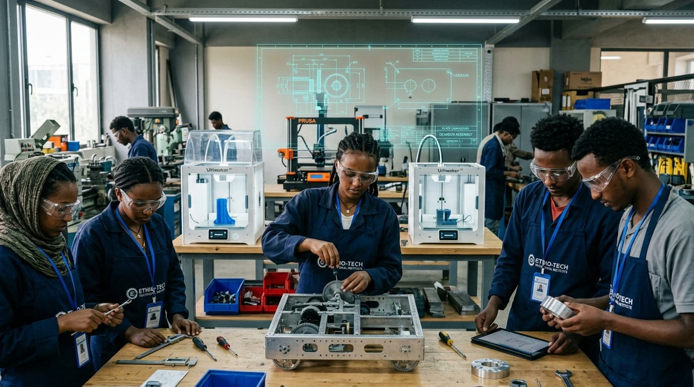 Vocational trainees wearing protective goggles fabricating mechanical assemblies and 3D printing prototypes with CAD blueprint overlays