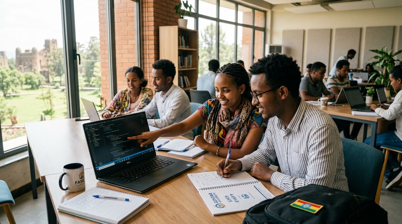 Ethiopian students collaborating and coding on laptops in Gondar university learning lounge