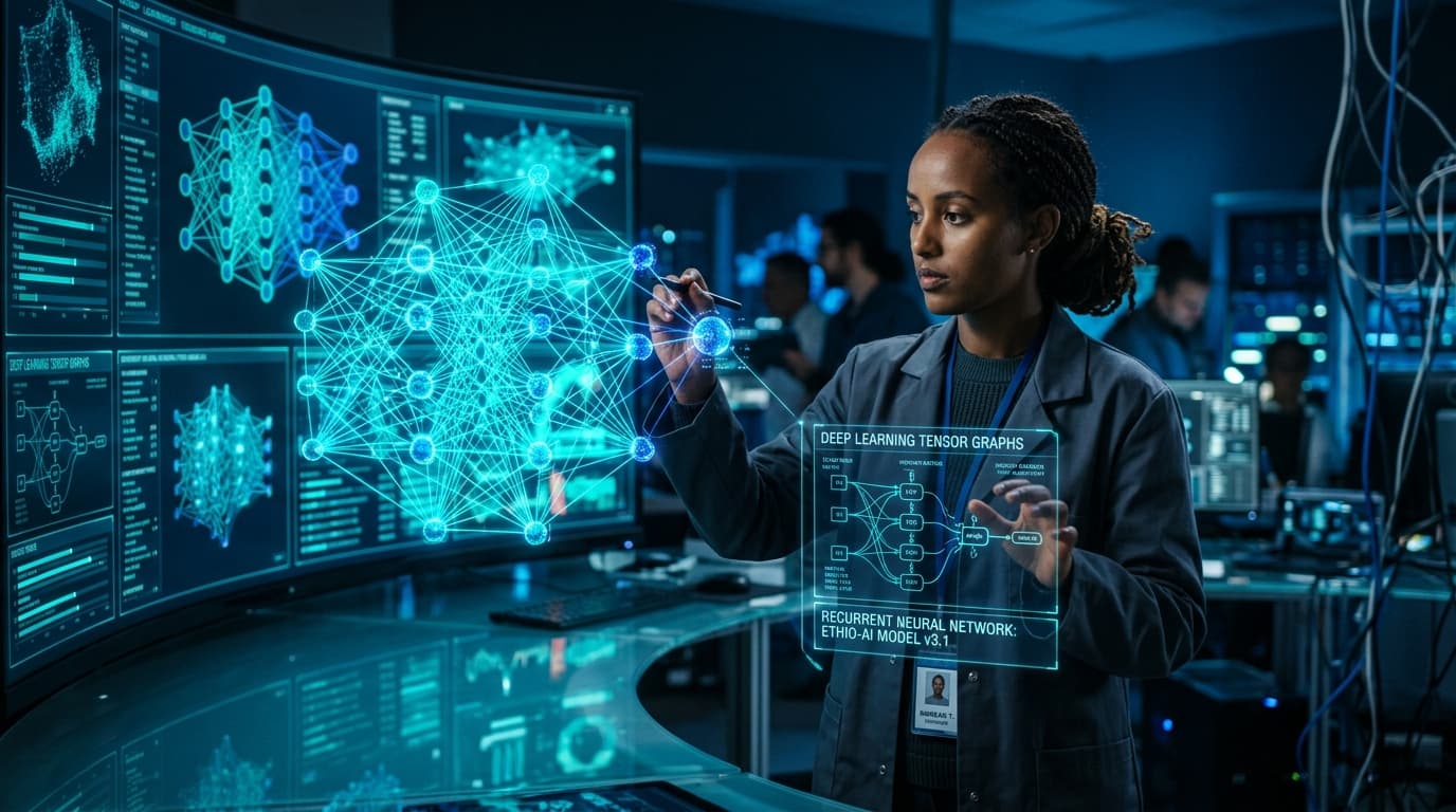 AI engineer analyzing interactive 3D deep learning neural network models and tensor graphs with glowing cyan holographic interfaces