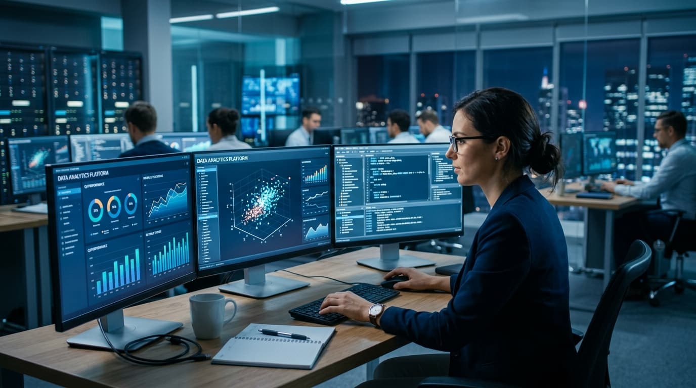Data science practitioner examining statistical scatter plots and business intelligence dashboards across multi-screen monitors