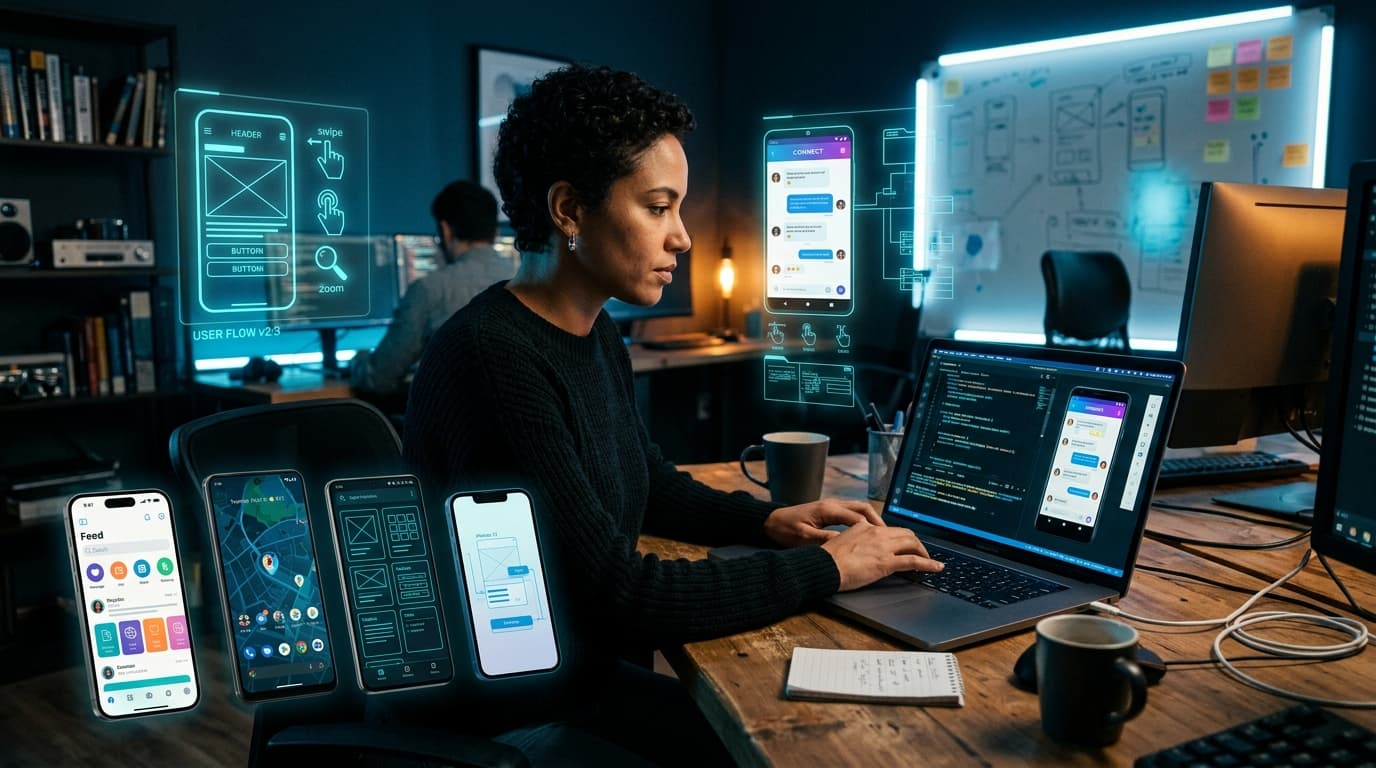 Mobile app developer building and testing modern cross-platform mobile apps on smartphones with cyan UI wireframes