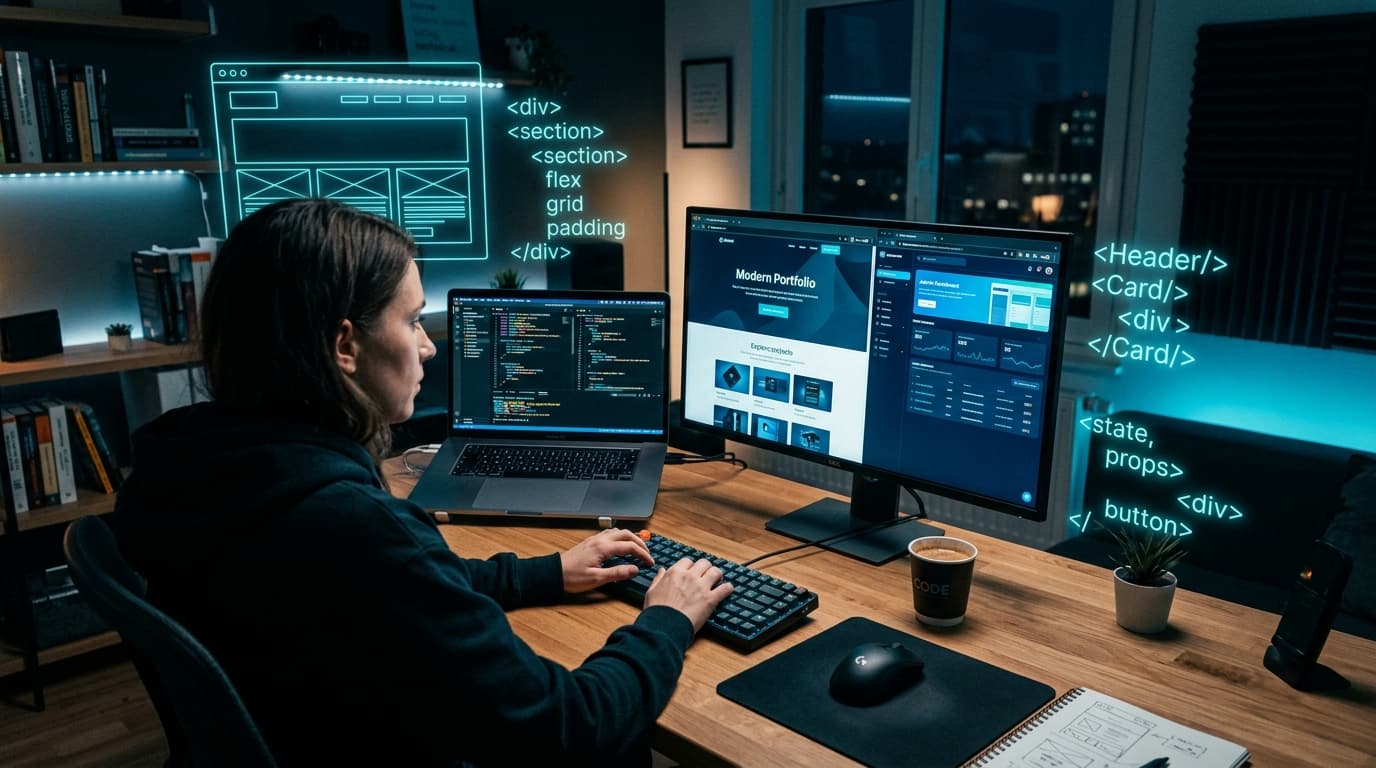 Full-Stack web developer coding responsive web applications on multiple monitors with cyan code overlays in Gondar computer lab
